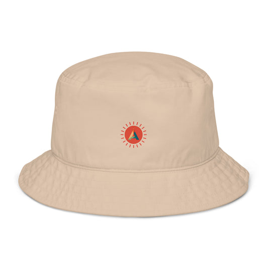 Aether Peak Desert Dust Sunburst organic cotton bucket hat on a white background.