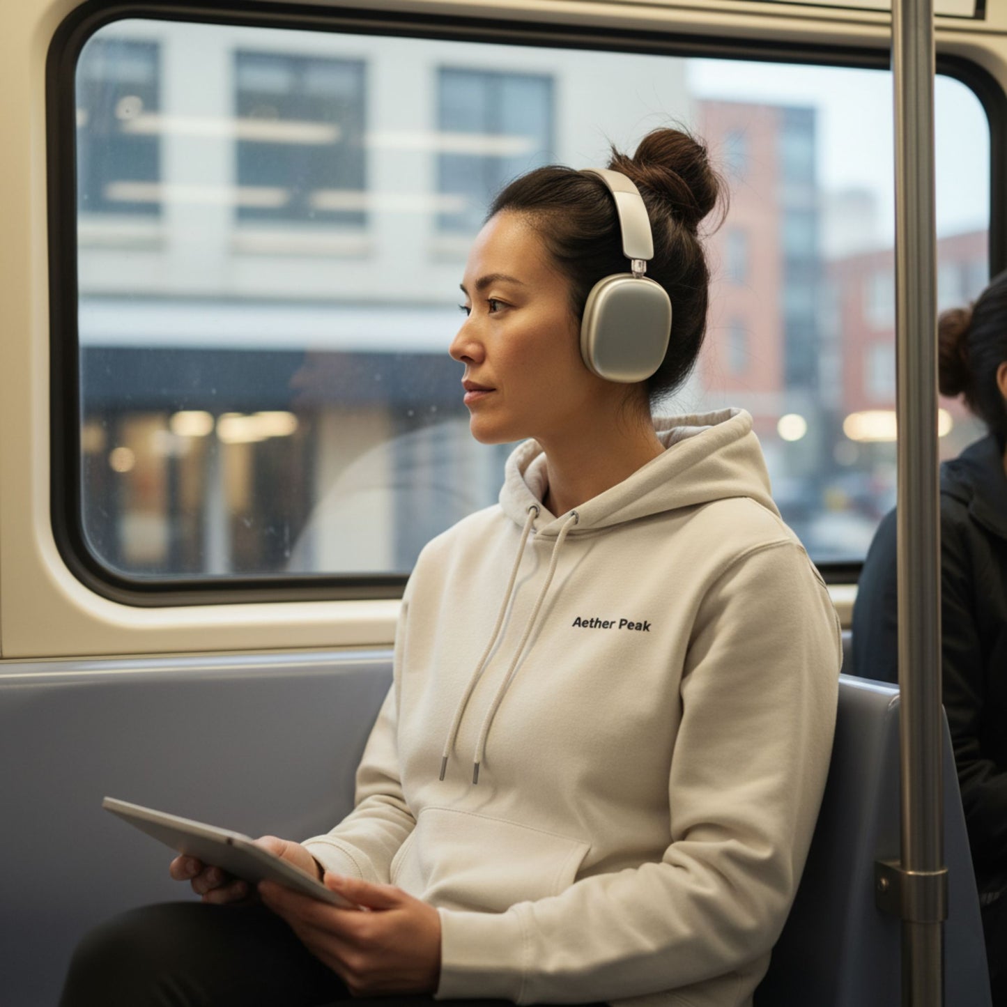 A woman wearing headphones and an Aether Peak branded hoodie, sitting on a train looking out the window.