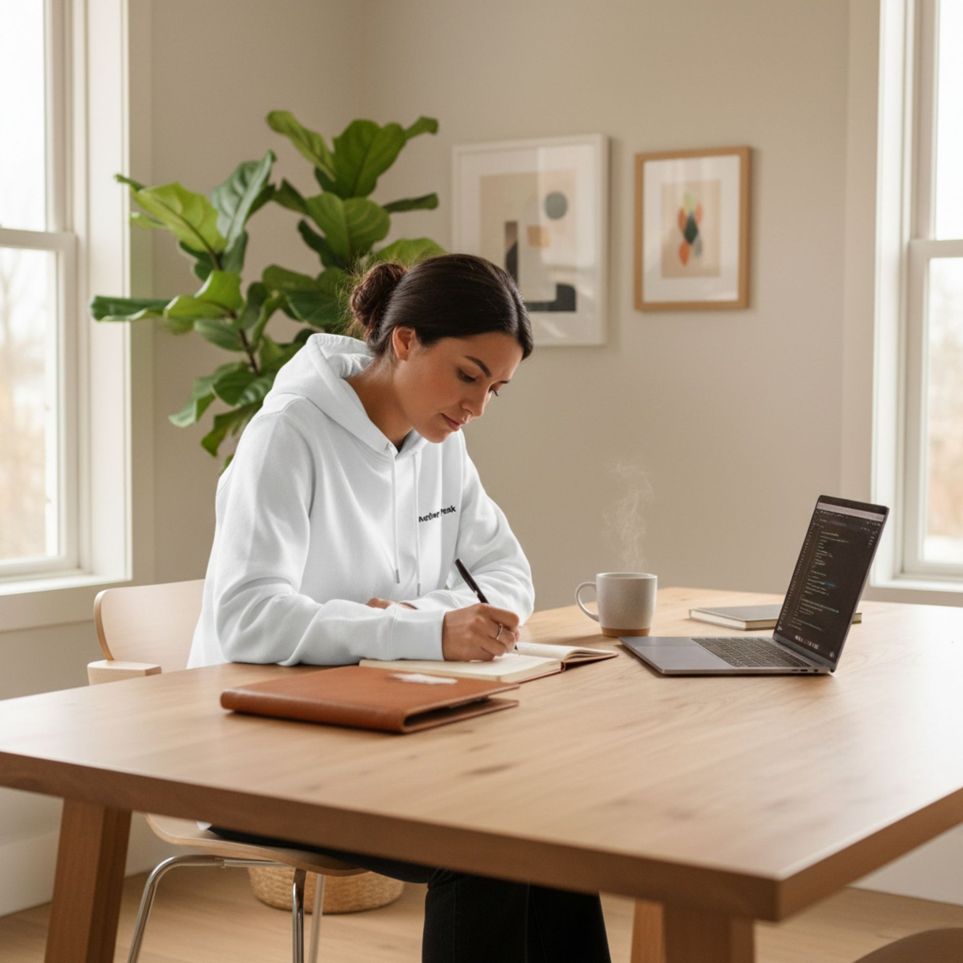 A woman in a white Aether Peak branded hoodie sitting at a wooden desk with a laptop and notebook, surrounded by plants and framed pictures.