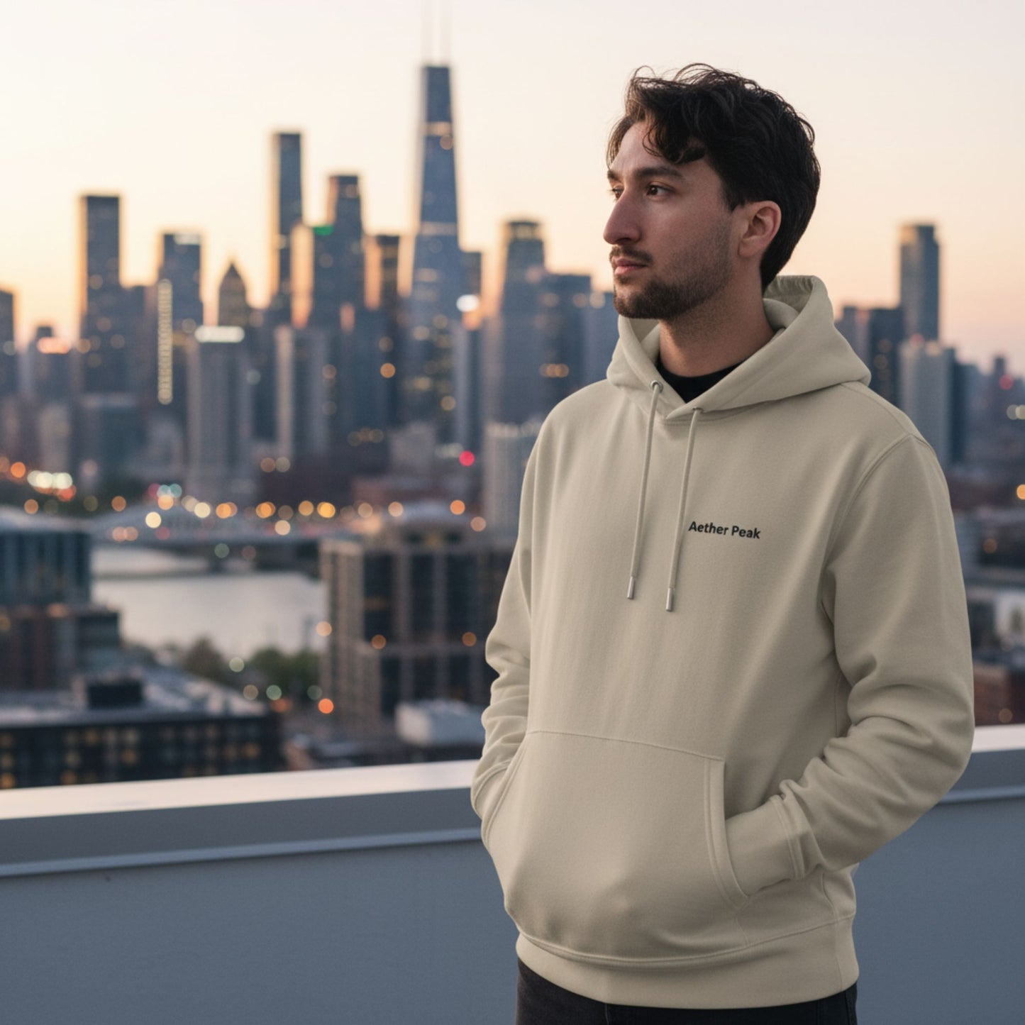 A man wearing a Desert Dust hoodie with the 'Aether Peak' logo, standing against a city skyline at dusk.