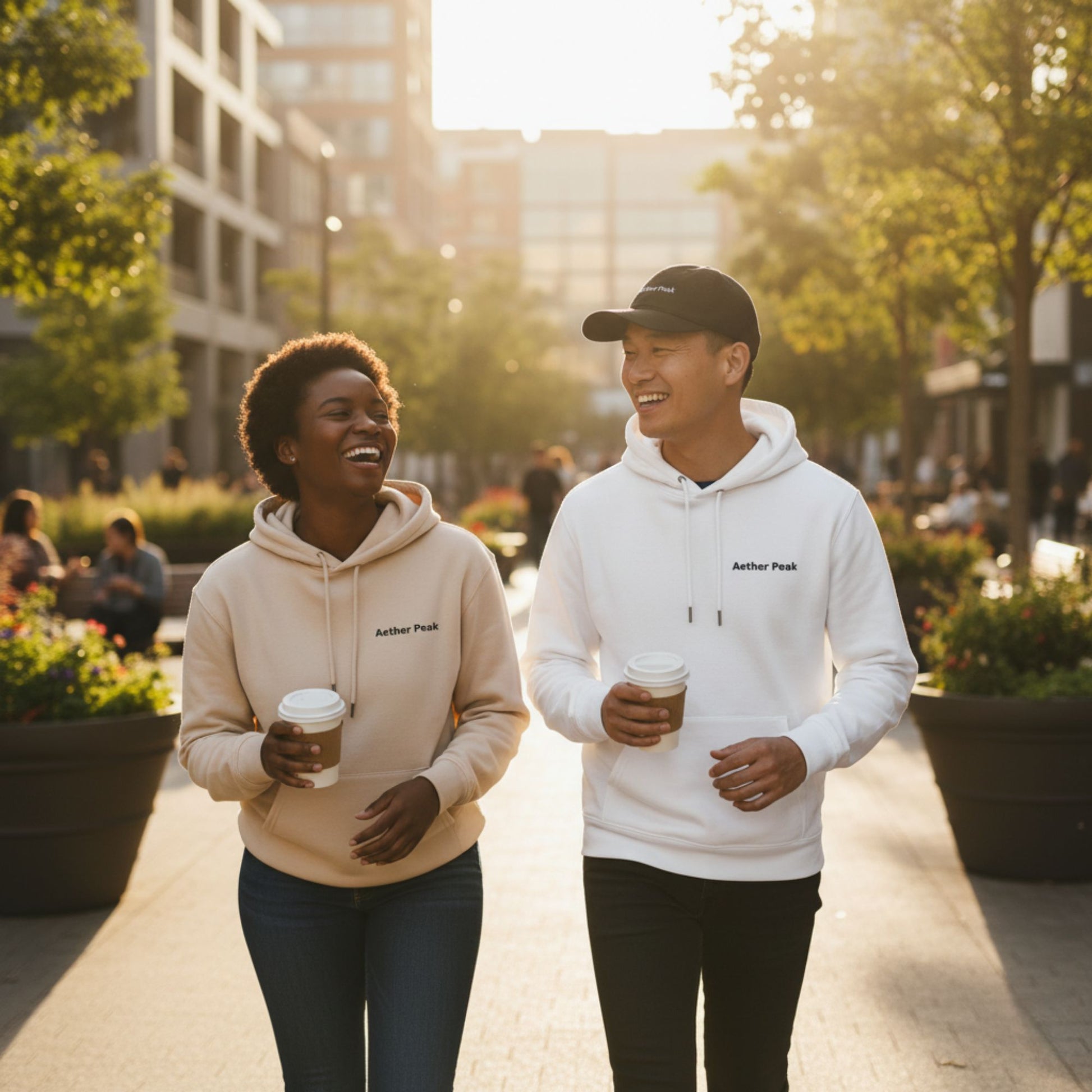Two people walking outdoors in a city setting, both wearing Aether Peak- branded hoodies and holding coffee cups.