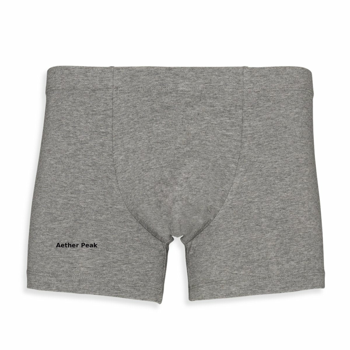 Aether Peak organic cotton Heather Grey boxers on a white background.