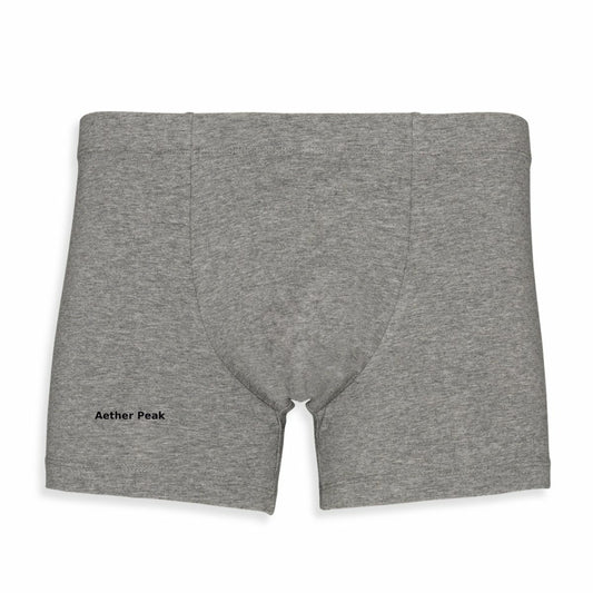 Aether Peak organic cotton Heather Grey boxers on a white background.