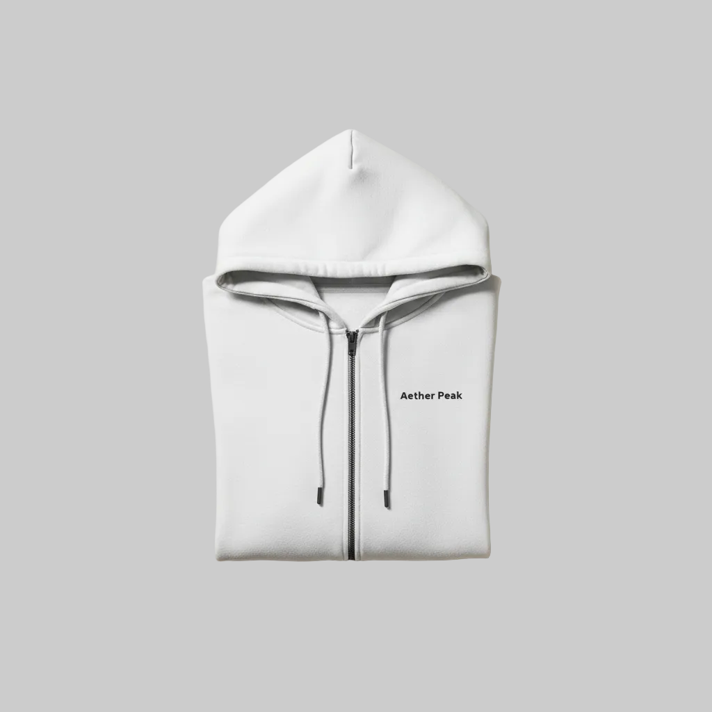 Folded white hoodie with 'Aether Peak' logo on a grey background