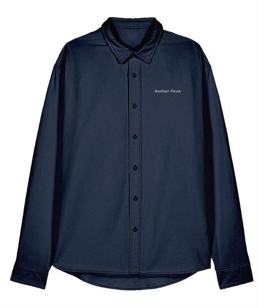 French Navy button-up overshirt with 'Aether Peak' logo on a white background