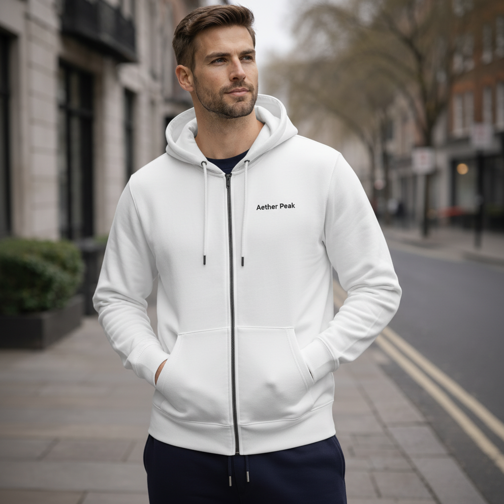 Man wearing a white hoodie with 'Aether Peak' branding on a city street.