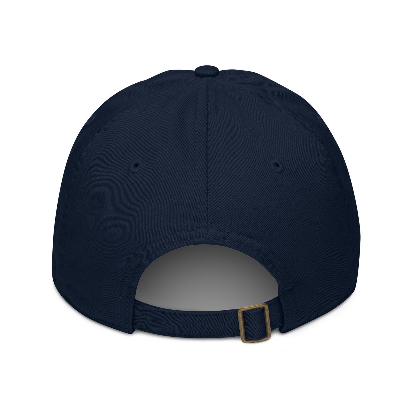 Back view of the Aether Peak French Navy blue cap with a gold buckle on a white background