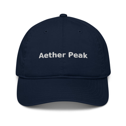 French Navy blue cap with 'Aether Peak' text on a white background