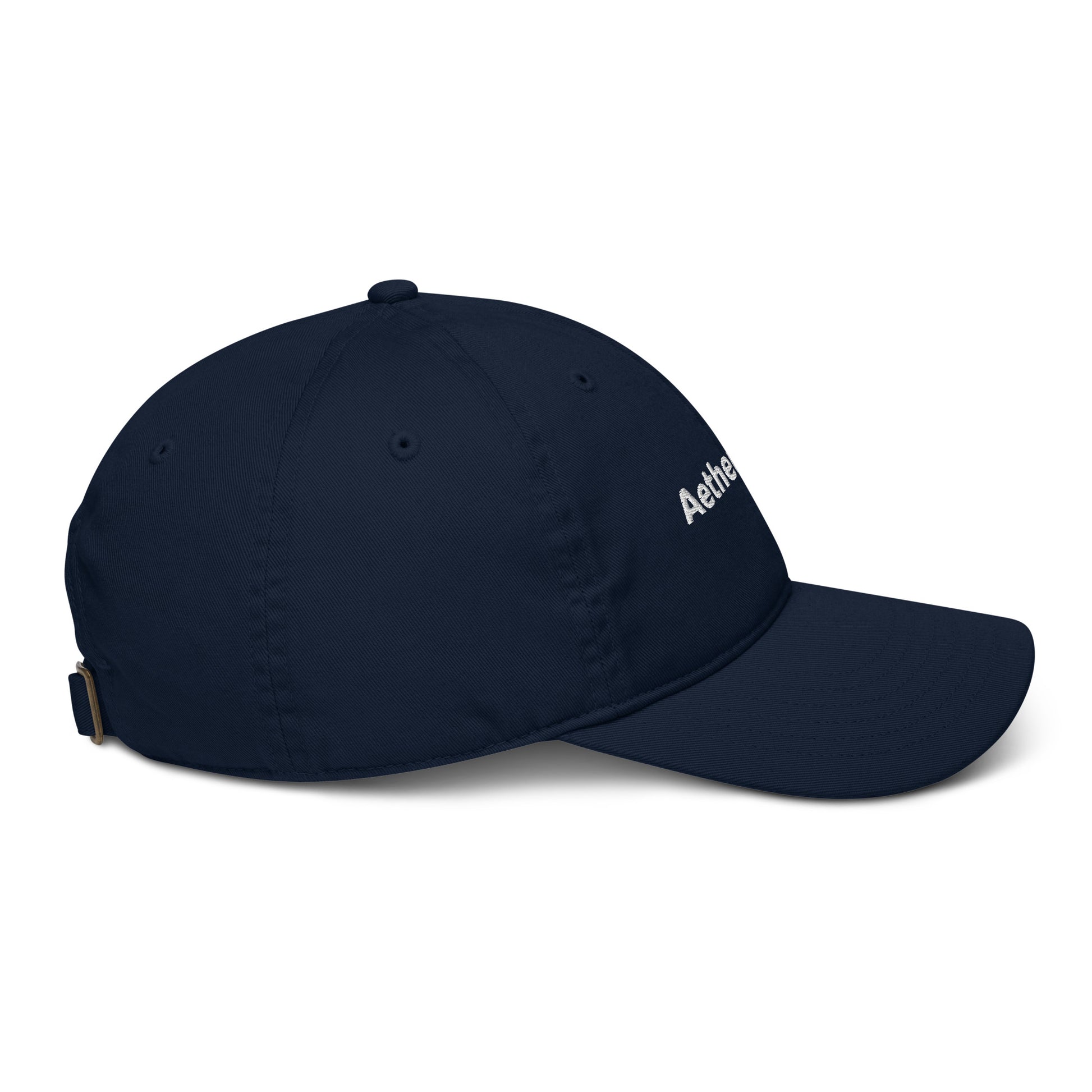 Side view of the French Navy blue cap with 'Aether Peak' branding on a white background