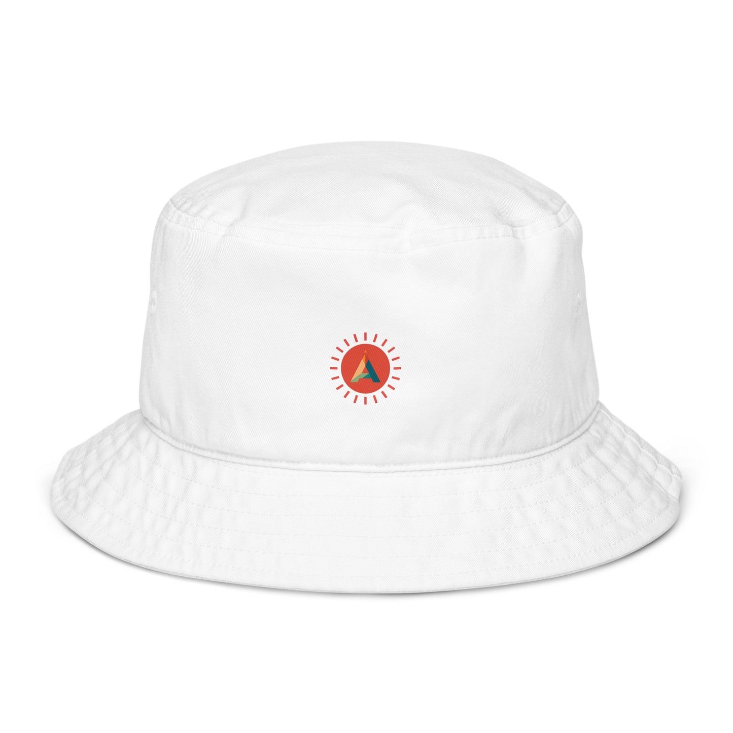 White Aether Peak organic cotton bucket hat with the Sunburst logo on a white background