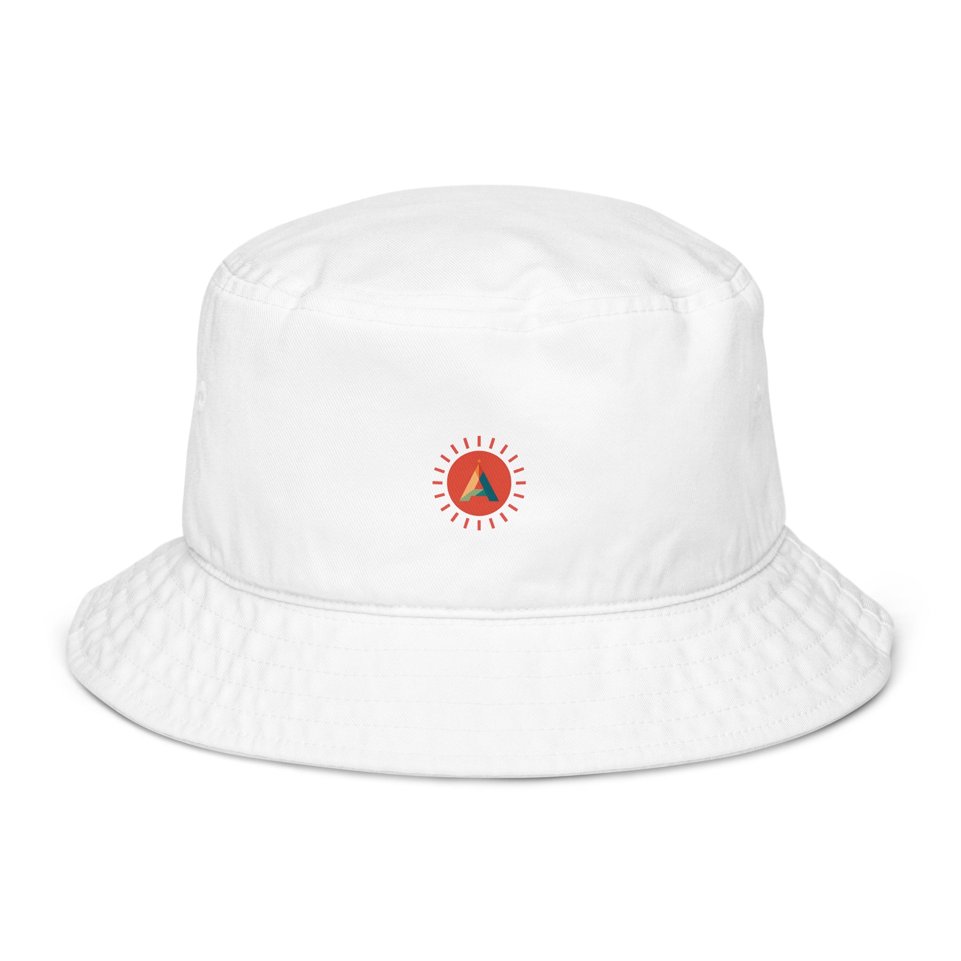 White Aether Peak organic cotton bucket hat with the Sunburst logo on a white background