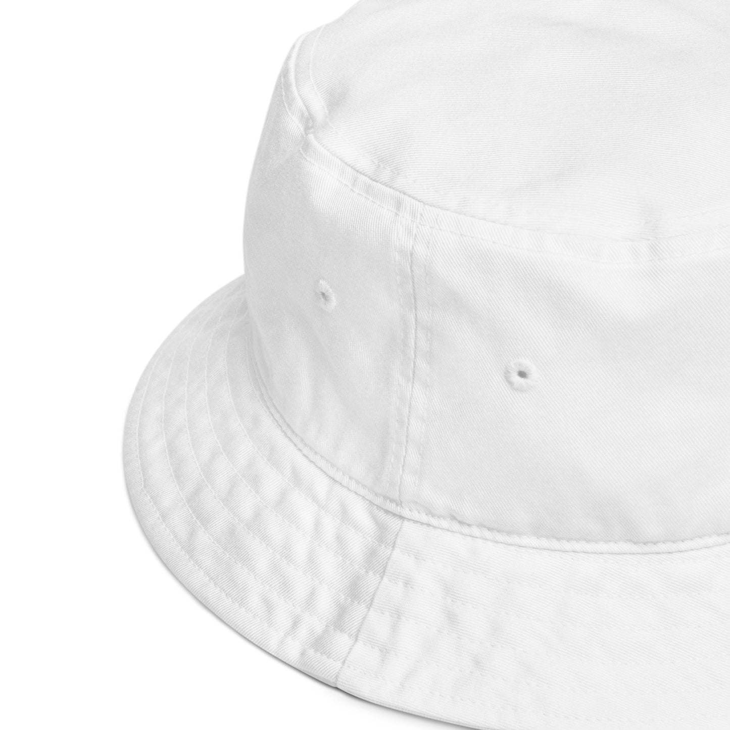 Rear view of the white Aether Peak Sunburst organic cotton bucket hat on a white background.
