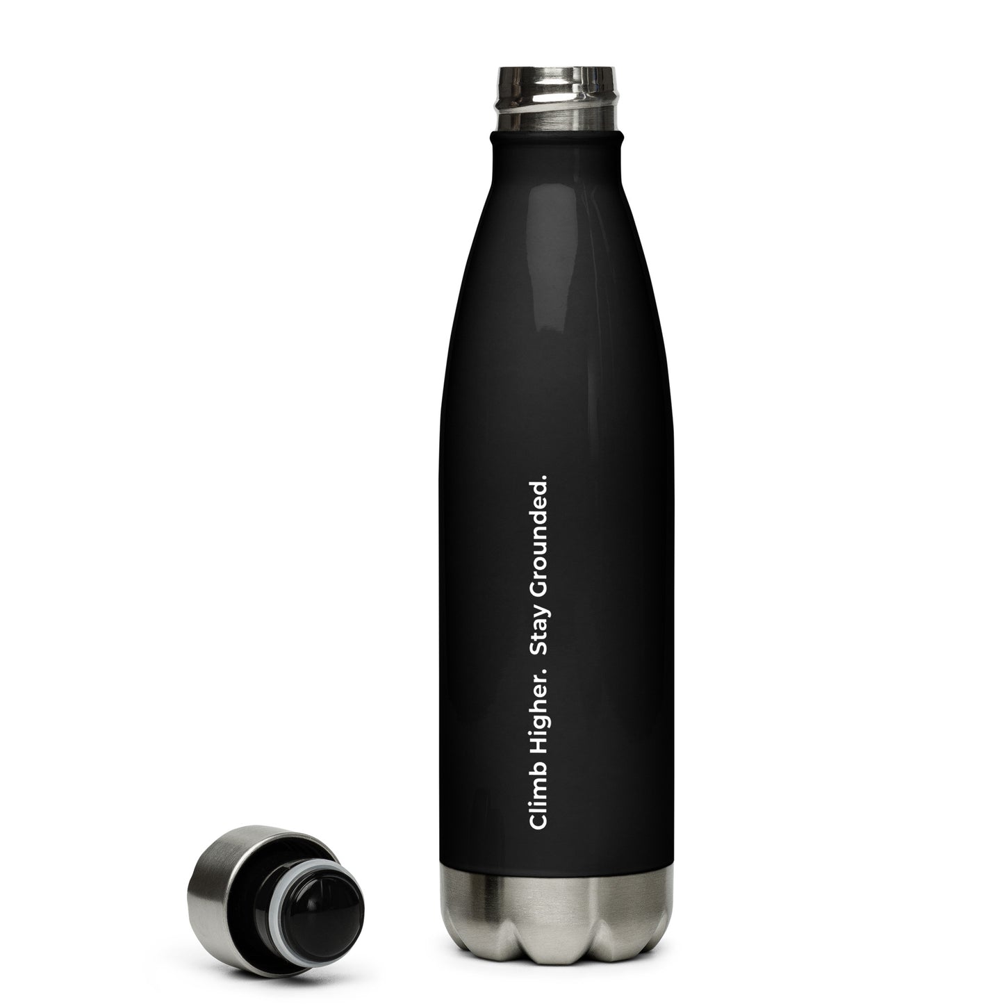 Black Aether Peak stainless steel water bottle with "Climb Higher.  Stay Grounded." text, silver cap on a white background