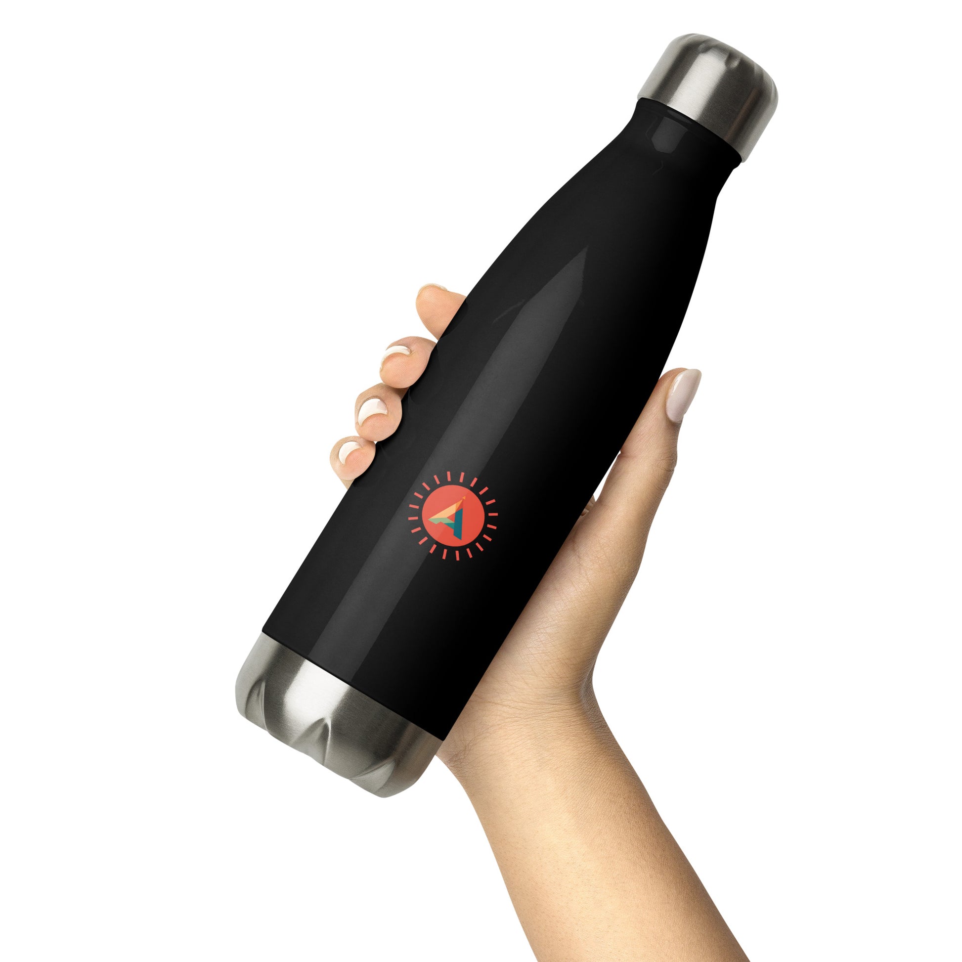 Hand holding the black Aether Peak Sunburst stainless steel water bottle with silver cap and base on a white background.
