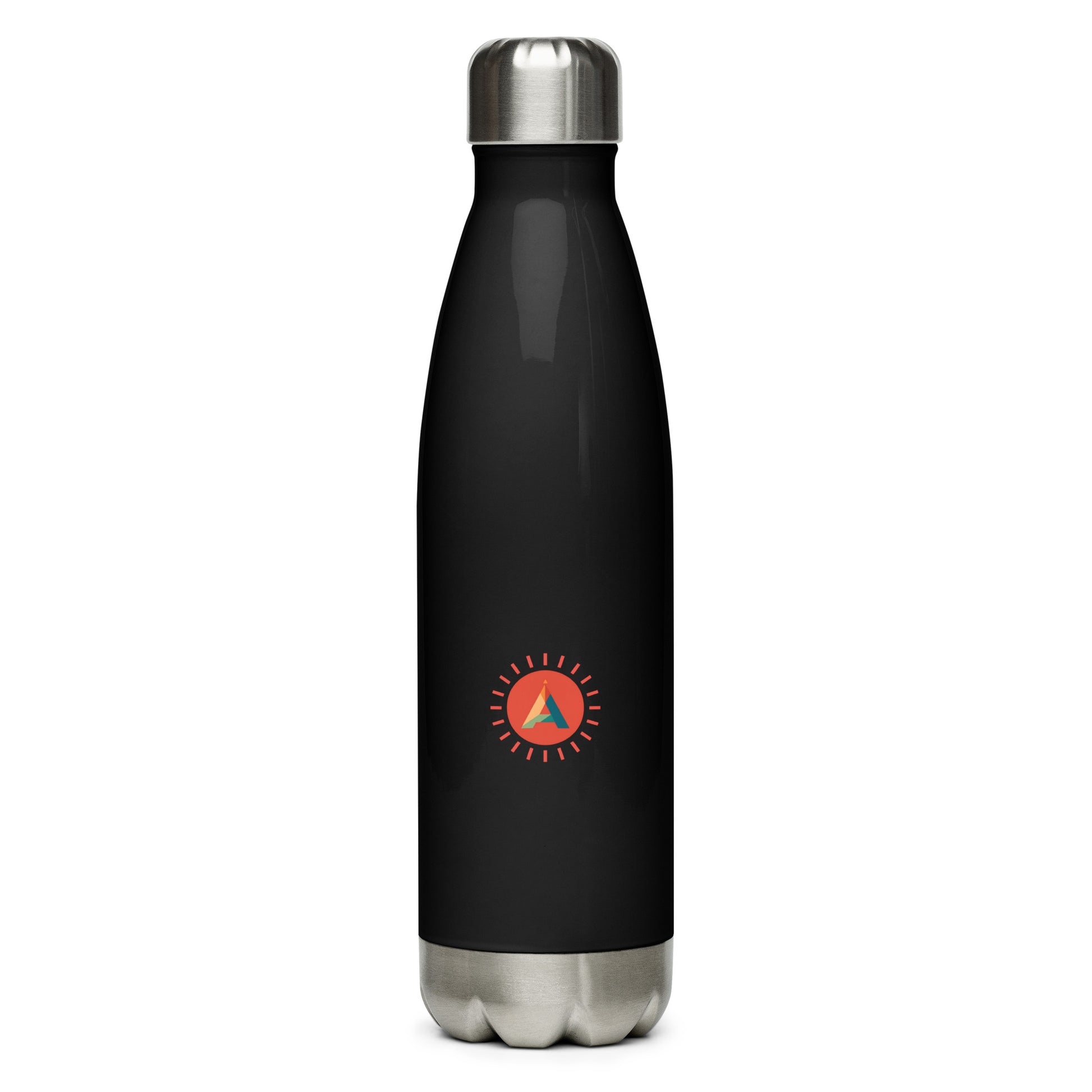 Aether Peak black stainless steel water bottle with the Sunburst logo on a white background