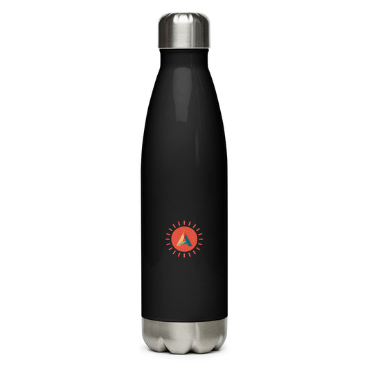 Aether Peak black stainless steel water bottle with the Sunburst logo on a white background