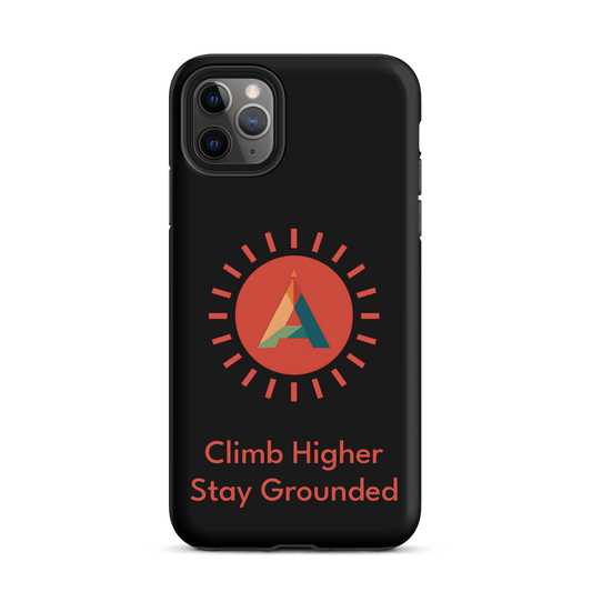 Phone case with an Aether Peak Sunburst logo and text 'Climb Higher Stay Grounded' on a transparent background.