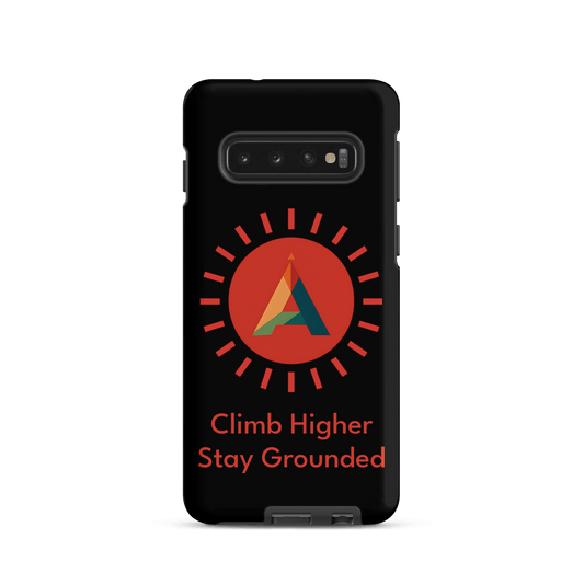 Phone case with a logo and text 'Climb Higher Stay Grounded' on a black background