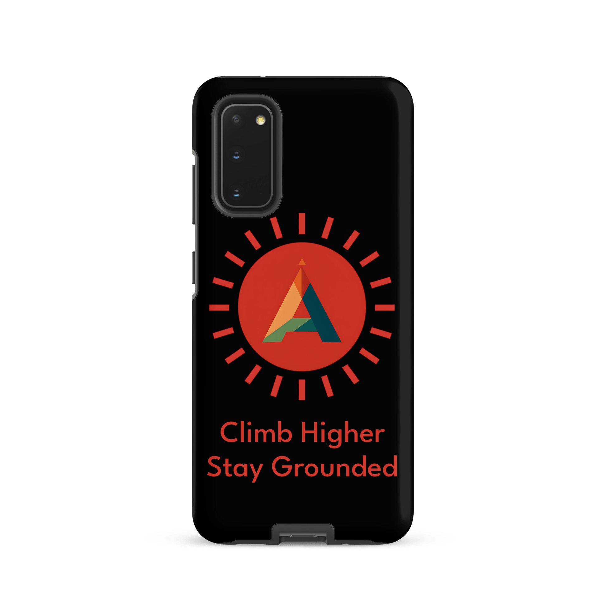 Phone case with a logo and text 'Climb Higher Stay Grounded' on a black background