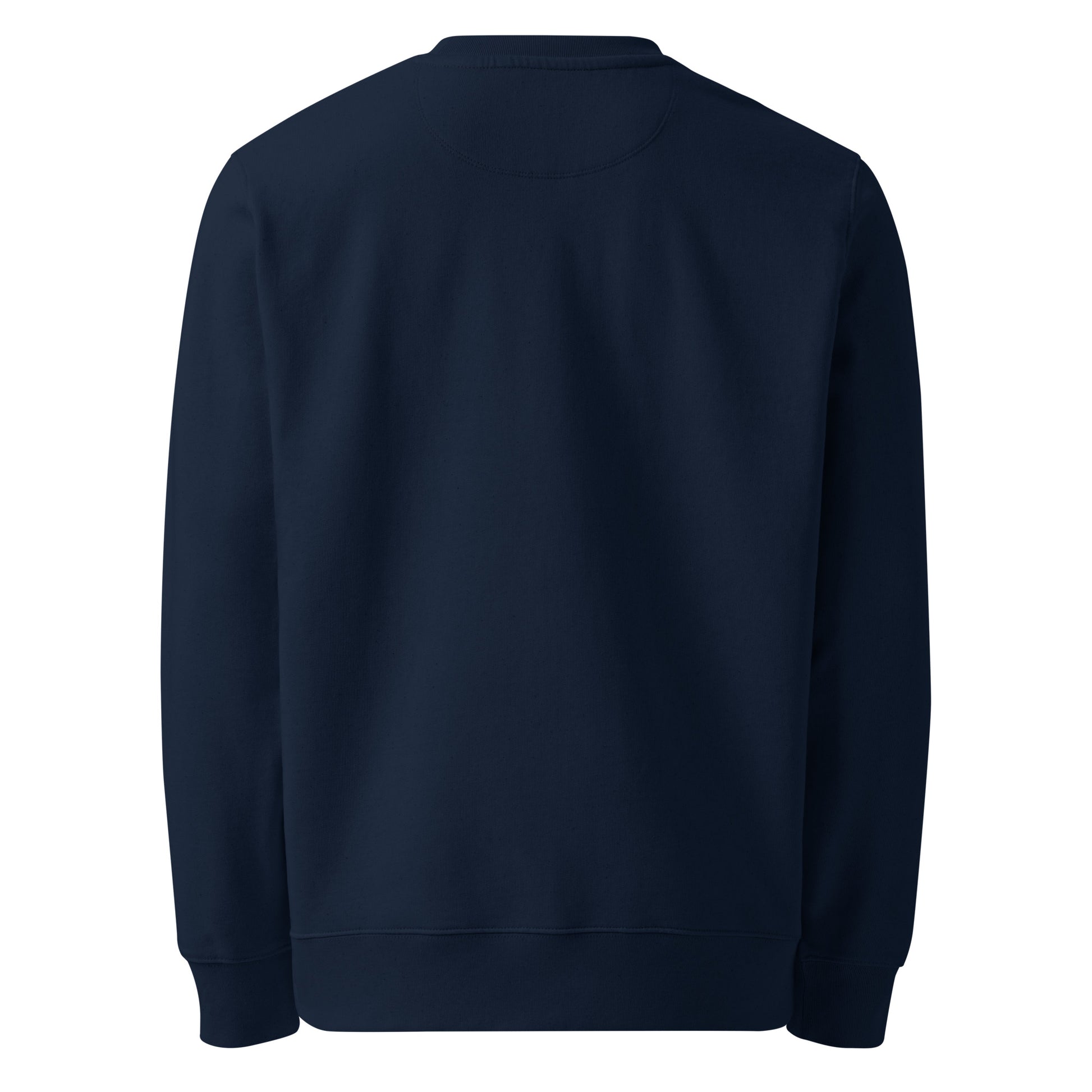 Back view of the organic cotton French Navy The Roots sweatshirt on white background