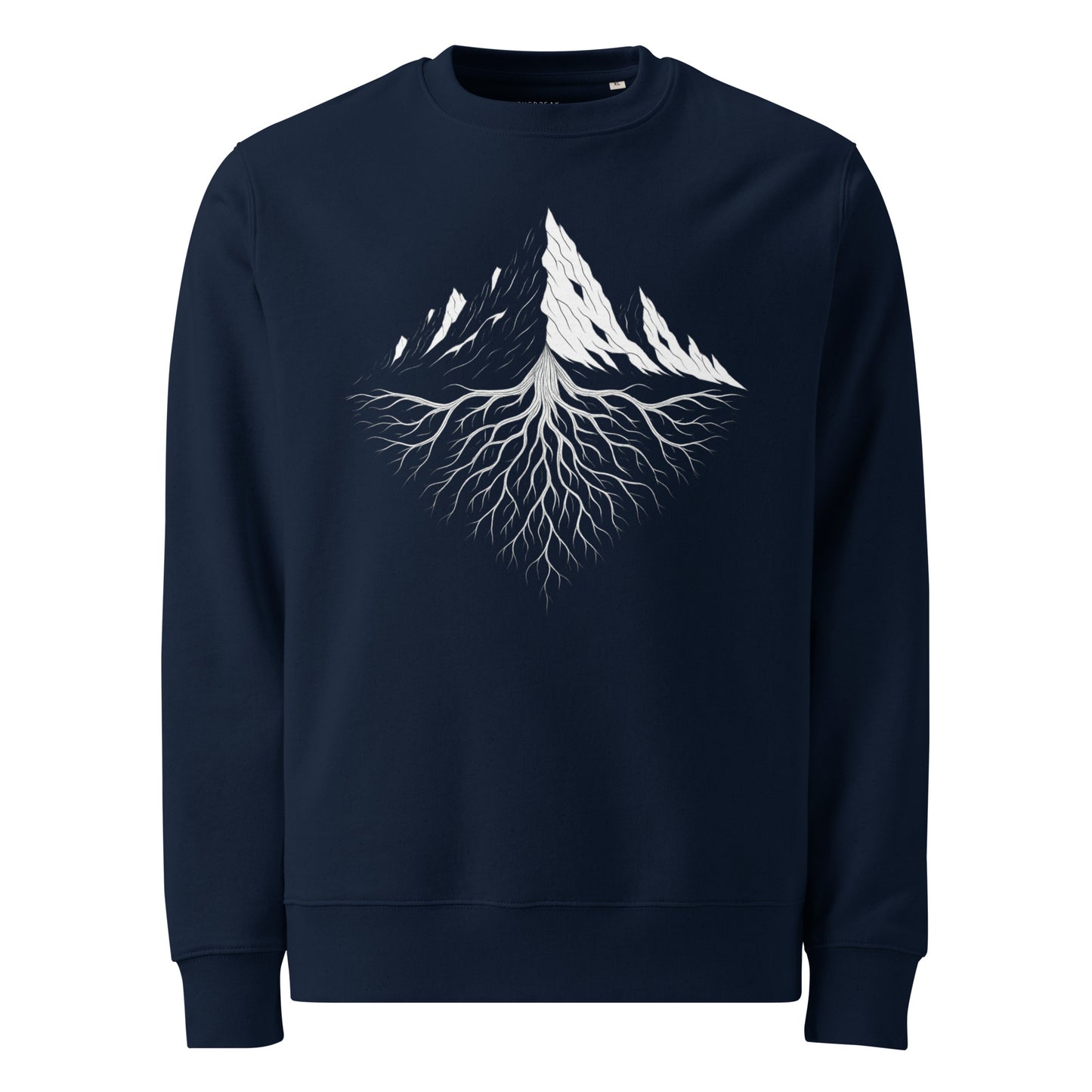 French Navy The Roots  sweatshirt with white mountain and root design on a white background