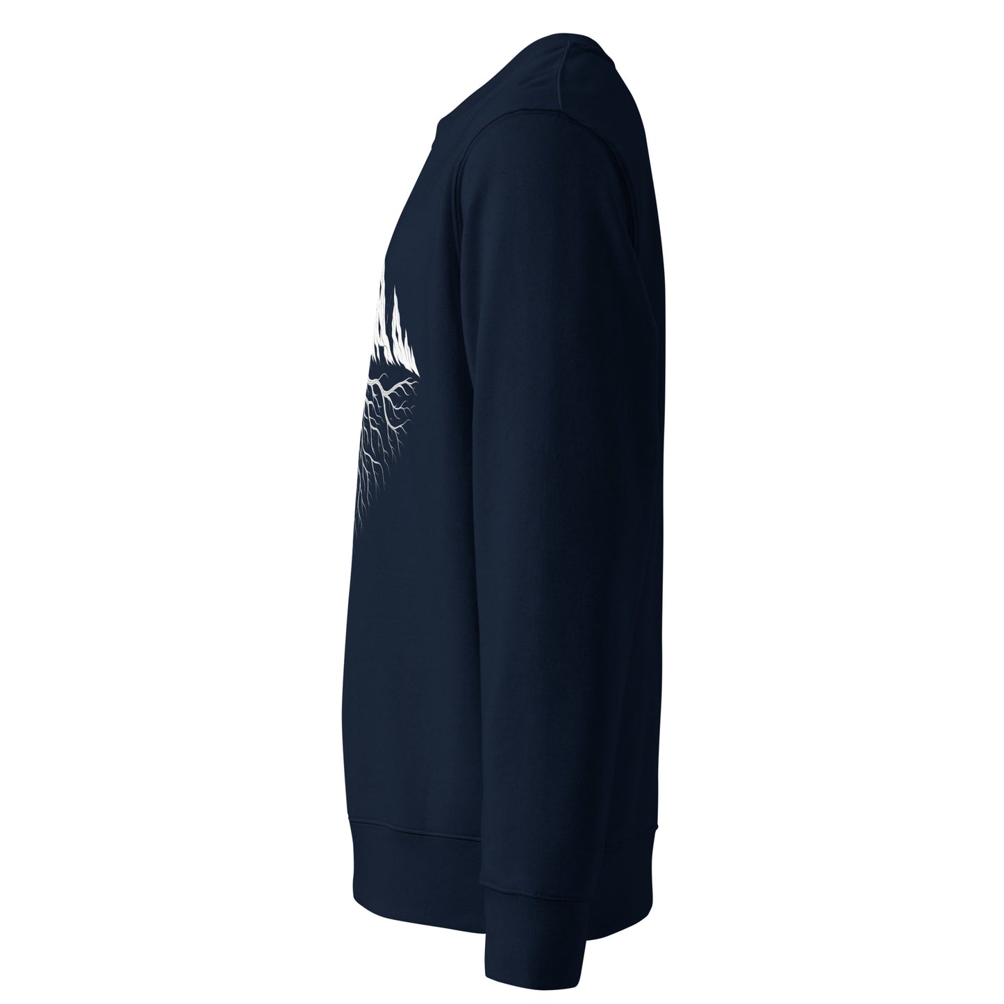 Side view of the French Navy sweatshirt with a white Mountain Roots graphic on the chest against a white background