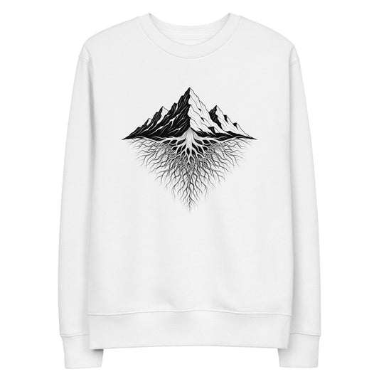 White sweatshirt with the Mountain Roots design on a white background