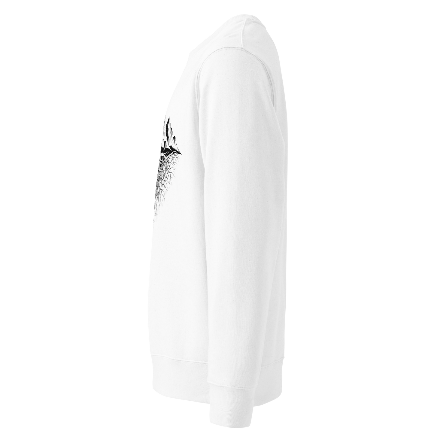 Side view of white sweatshirt with the Mountain Roots design on a white background