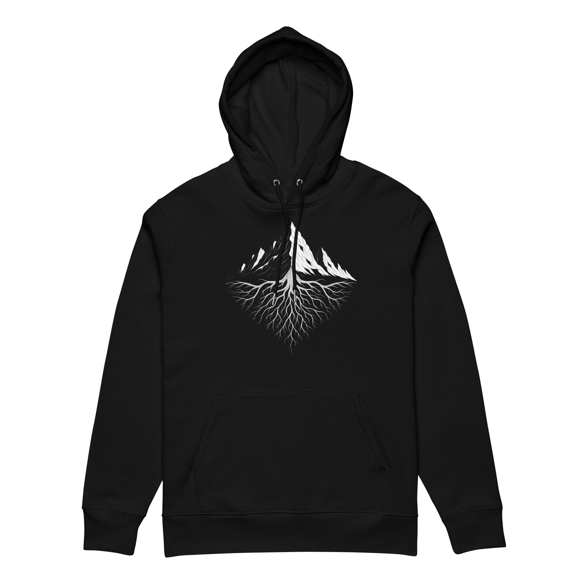 Black Aether Peak organic cotton hoodie with white mountain and root design on a white background