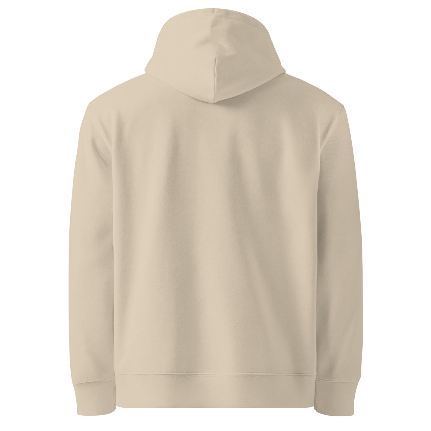 Back view of a desert dust unisex Essential Eco Hoodie on a white background.
