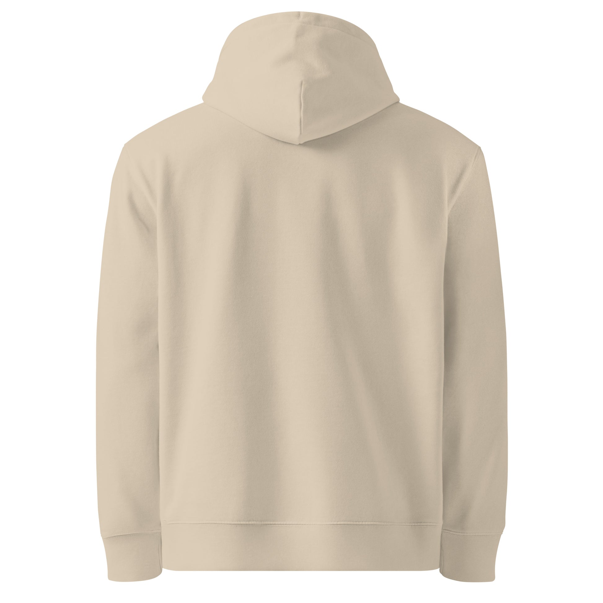 Back view of a desert dust unisex Essential Eco Hoodie on a white background.
