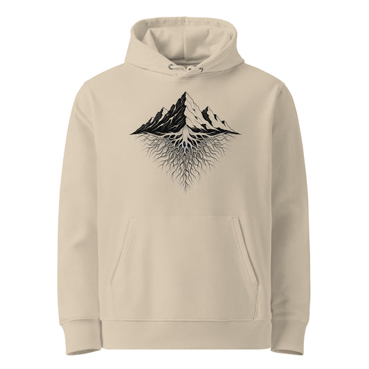 Desert Dust Organic cotton hoodie with mountain root design on a white background