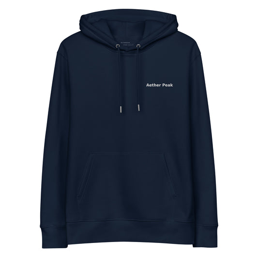 Navy blue hoodie with 'Aether Peak' logo on a white background