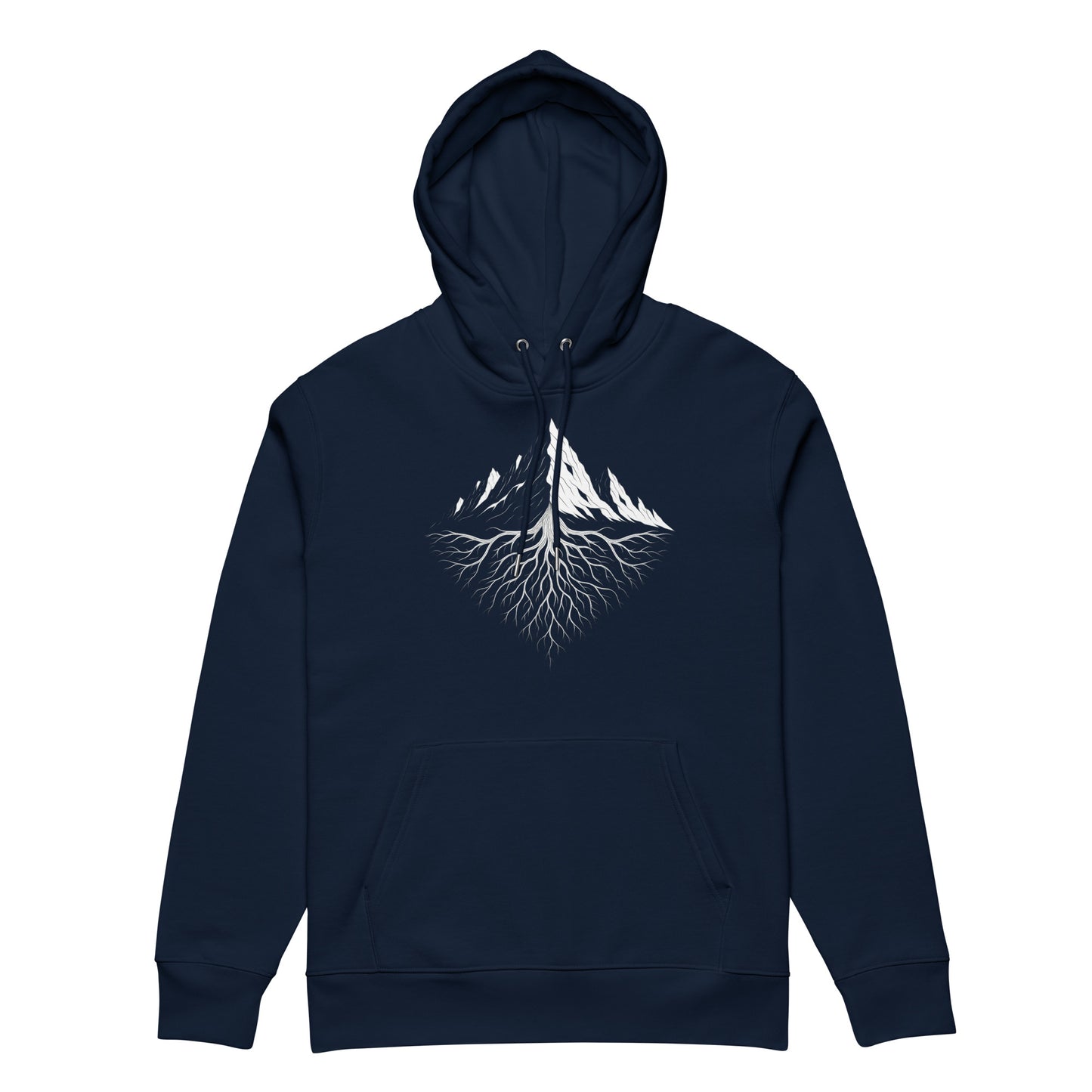 350gsm French Navy blue hoodie with a white mountain and roots design on a white background