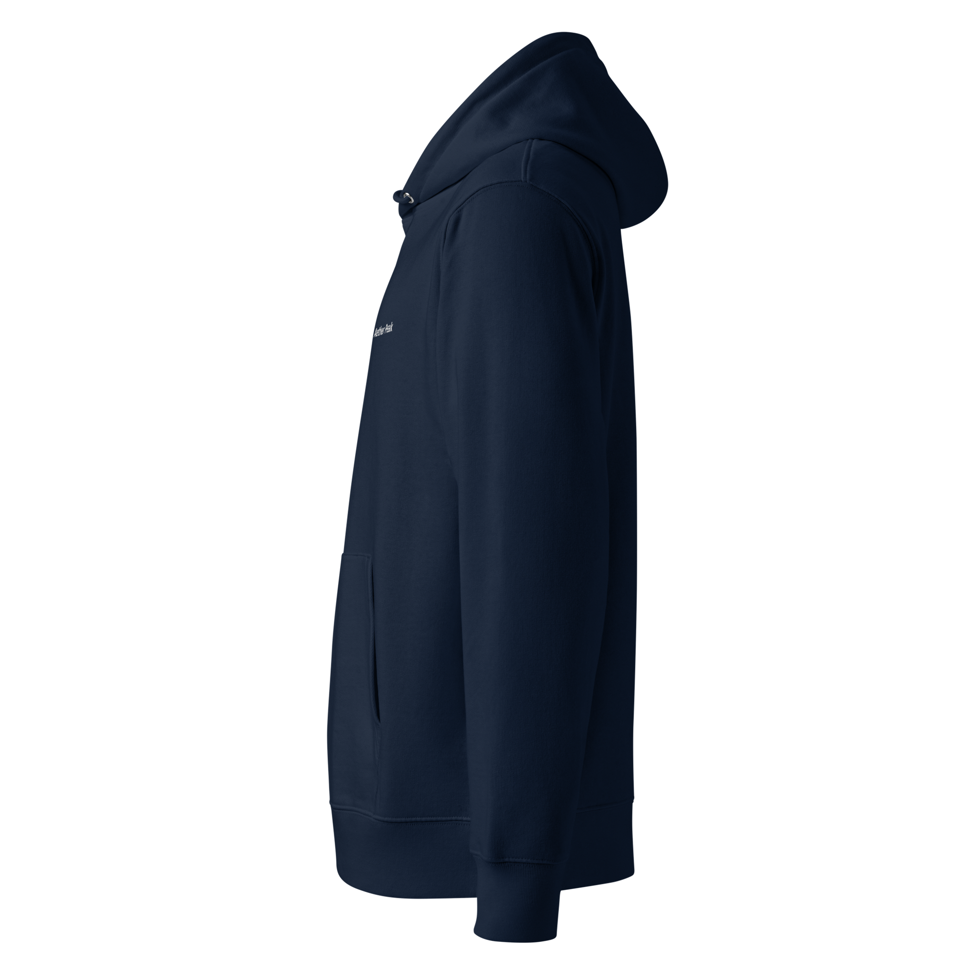 French Navy blue hoodie on a white background side profile.
