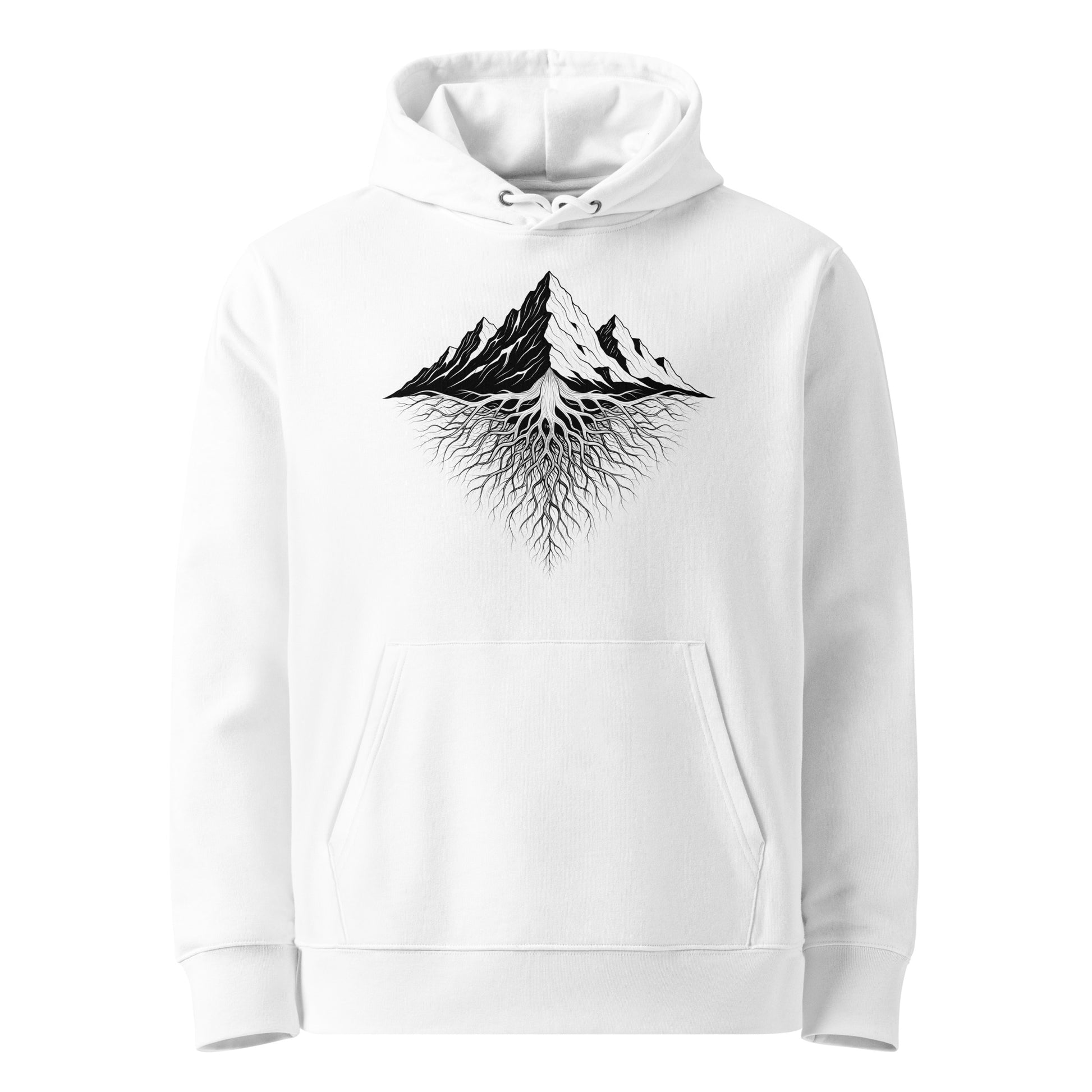 Front view of the white unisex eco hoodie with a black mountain and roots graphic on the chest. On a white background.

