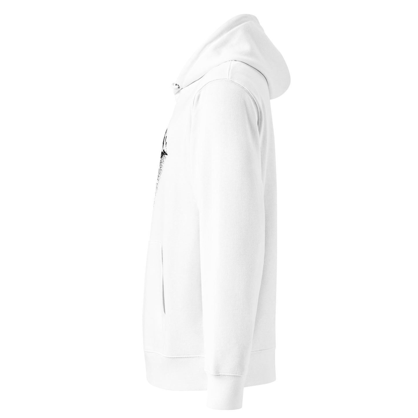 Side view of the white Aether Peak hoodie on a white background