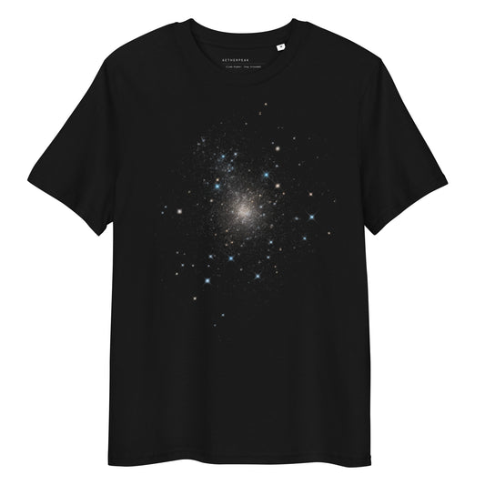 Black t-shirt with a starry sky print on a white background