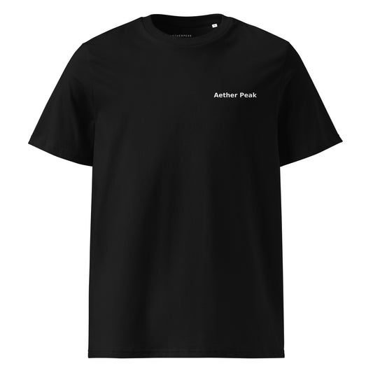 Black t-shirt with 'Aether Peak' logo on a white background