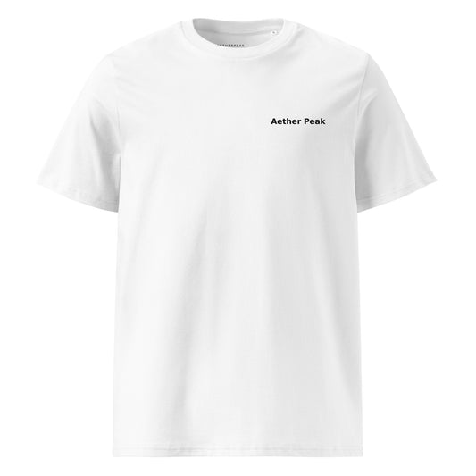 White t-shirt with 'Aether Peak' logo on a white background
