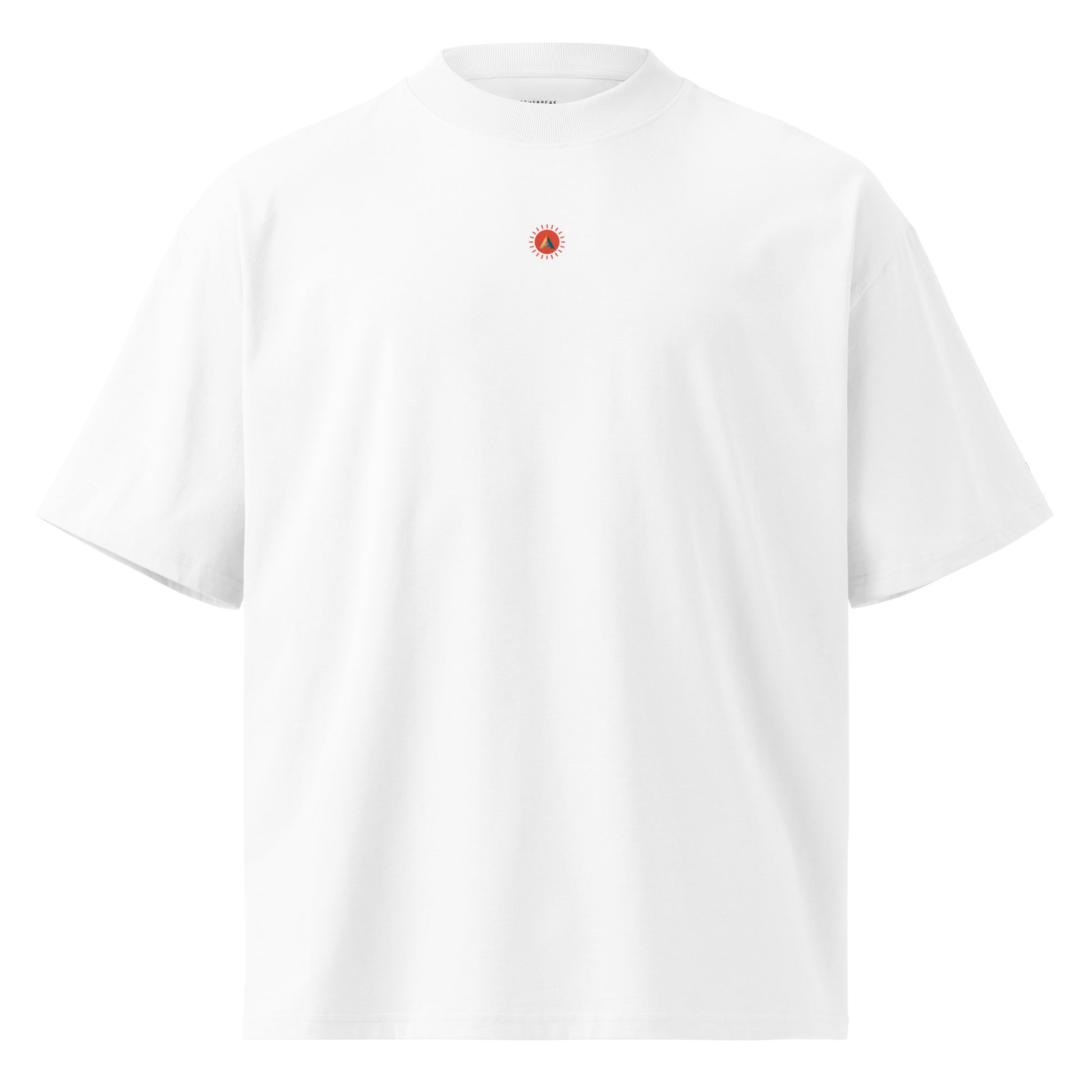 White Aether Peak organic oversized t-shirt with the Sunburst logo on a white background