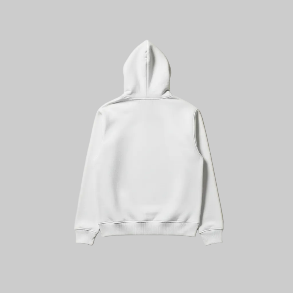 White organic cotton zipped hoodie on a light grey background