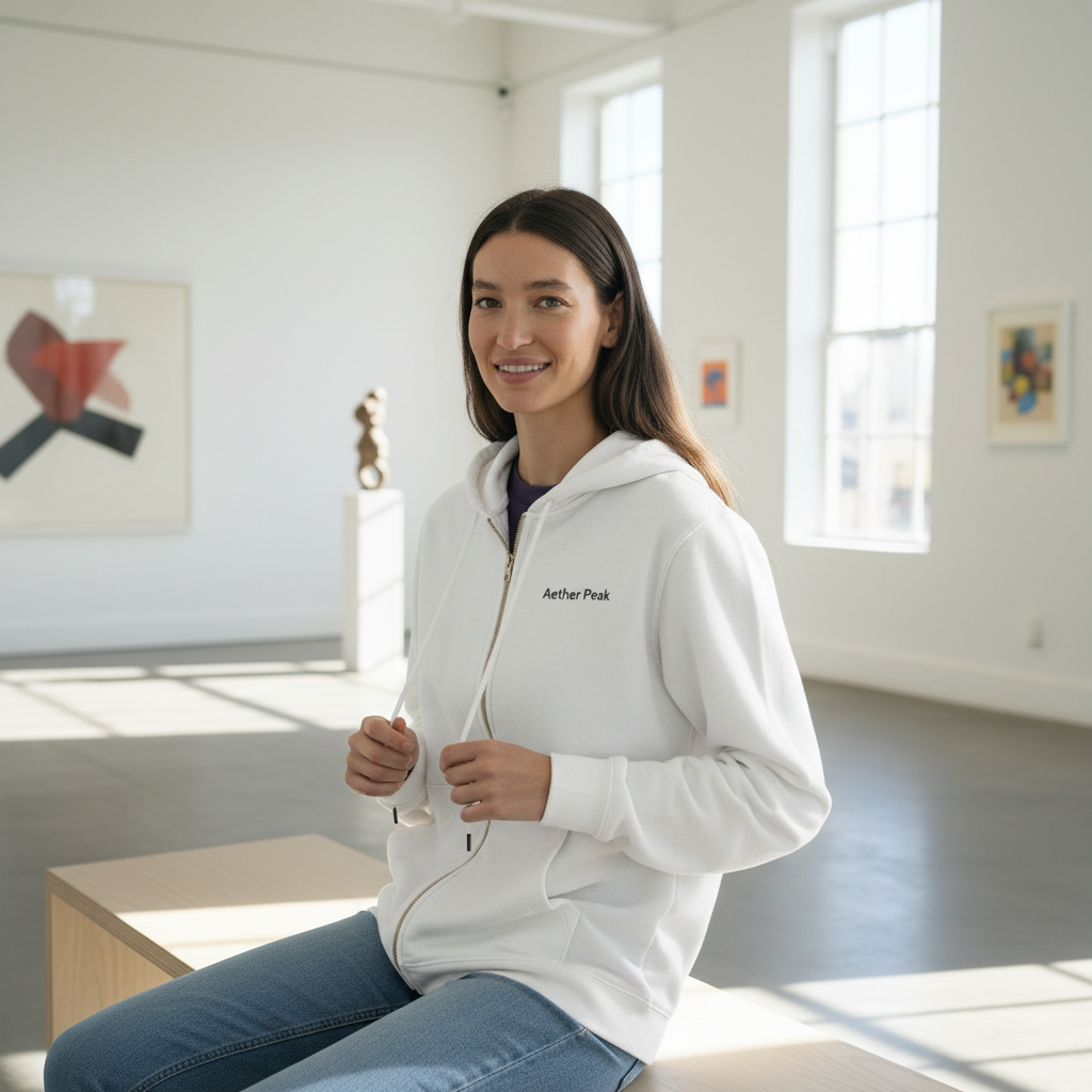Woman wearing a white hoodie with a Aether Peak logo in a bright room with large windows.