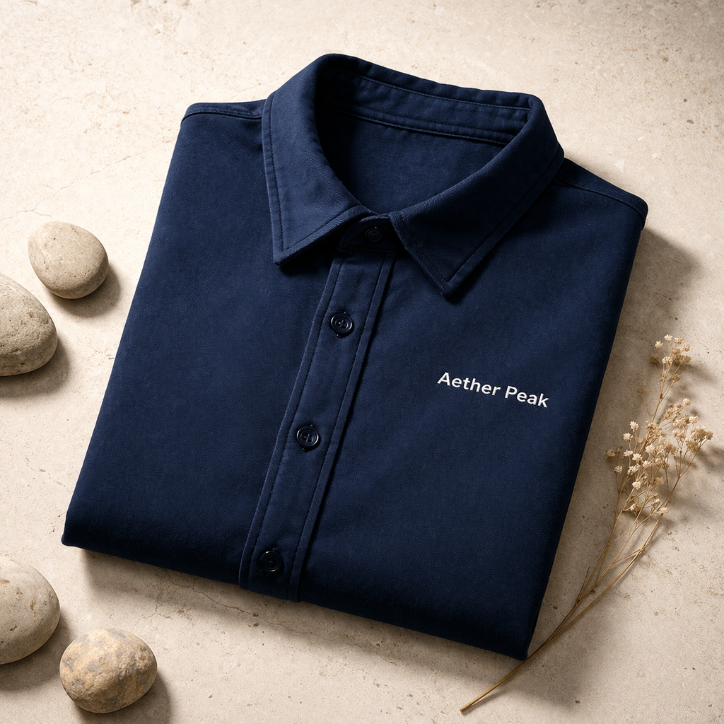 Folded French Navy blue shirt with 'Aether Peak' branding on a beige surface with stones and dried plants.